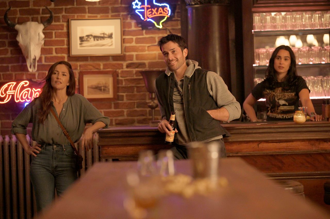 Minka Kelly as Quinn, Jack Schumacher as Yancy and Marianly Tejada as Ellie in Episode 102 of Ransom Canyon.Credit: Anna Kooris/Netflix
