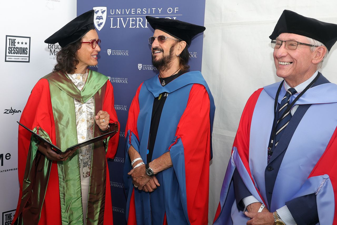 Ringo Starr stands wearing academic regalia at a University of Liverpool event with two others also in academic regalia David Winstanley, Wendy Beetlestone, Ringo Starr and Brian Boyd attend Ringo’s Peace & Love Birthday Celebration in Beverly Hills on July 7, 2026Credit: Kevin Winter/Getty