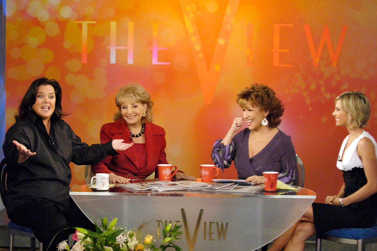 Rosie ODonnell Joy Behar and Barbara Walters seated in a discussion on The View set Rosie O’Donnell and cohosts on The View in 1997.Credit: Everett