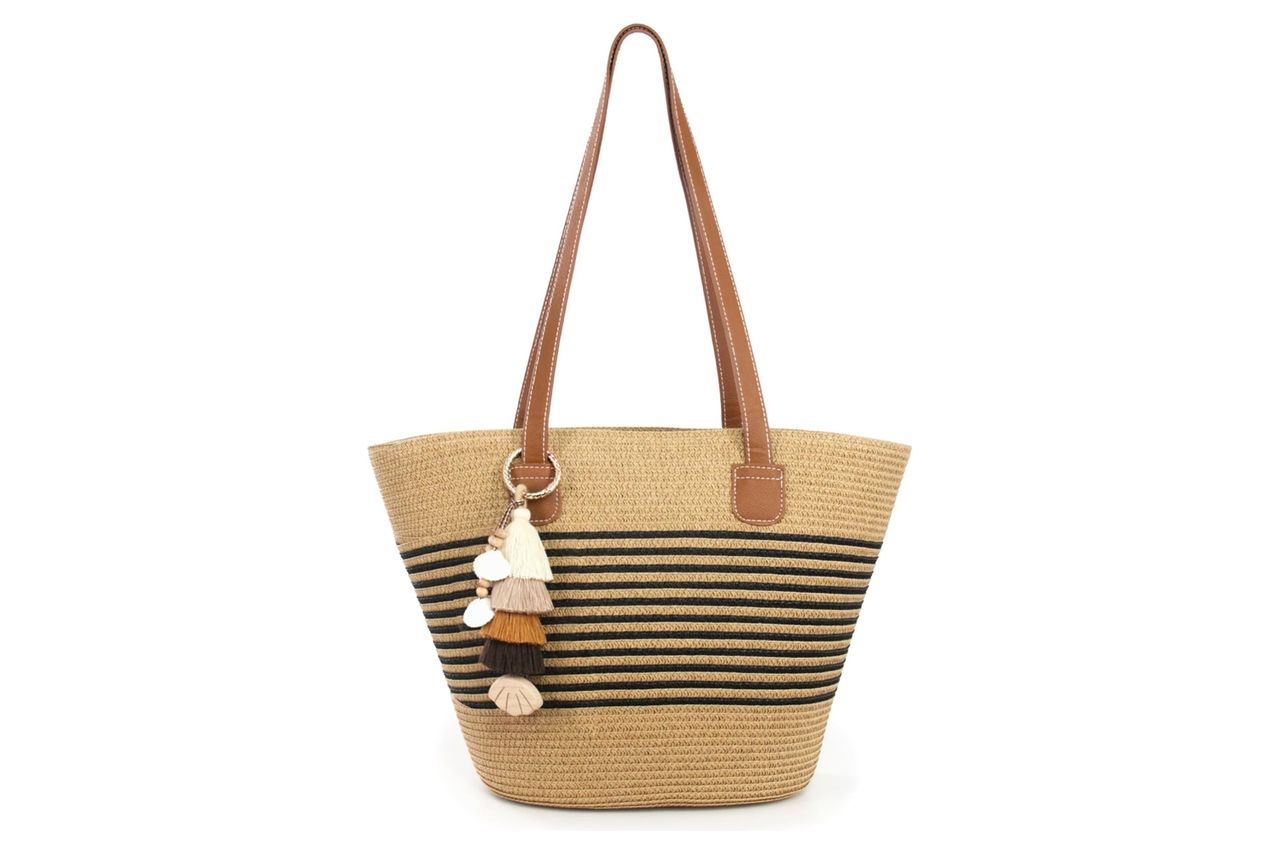 RUNROLE Straw Purse with Tassel Hat Clip, Beach Bag for Women, Handmade Large Woven Purse, Summer Raffia Tote Shoulder Bag Credit: Amazon