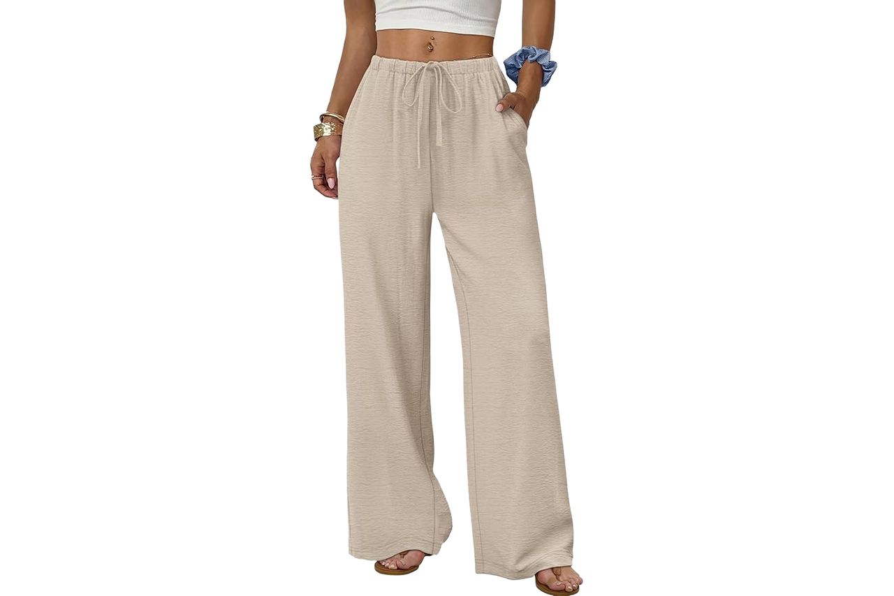 Sampeel Linen Pants Women Wide Leg Palazzo Pants Flowy Casual Summer Outfits Cruise 2026 Fashion Beach Vacation Clothes Spring Drawstring Elastic Waist Trouser Khaki S at Amazon Women’s Clothing store Credit: Amazon
