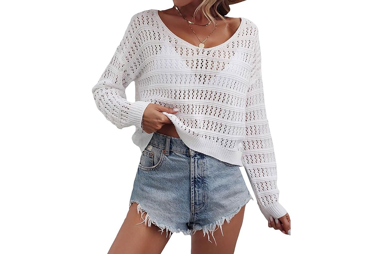 SHENHE Women's Crochet Hollow Out Drop Shoulder Beach Cover Up Scoop Neck Long Sleeve Sweater Top Credit: Amazon