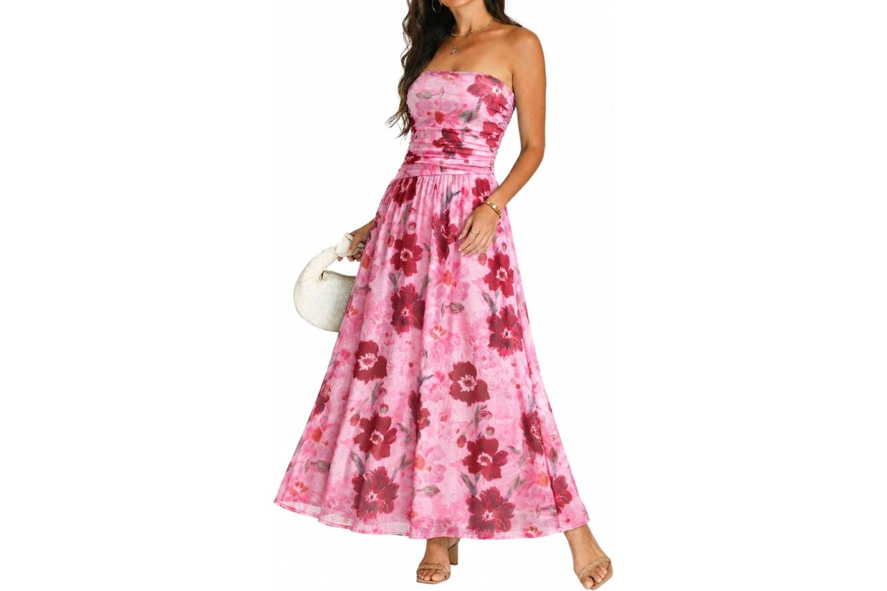 Summer Floral Wedding Guest Maxi Dress for Women Strapless Tube Long Dresses Mesh Flowy Vacation Cocktail Dresses Credit: Amazon