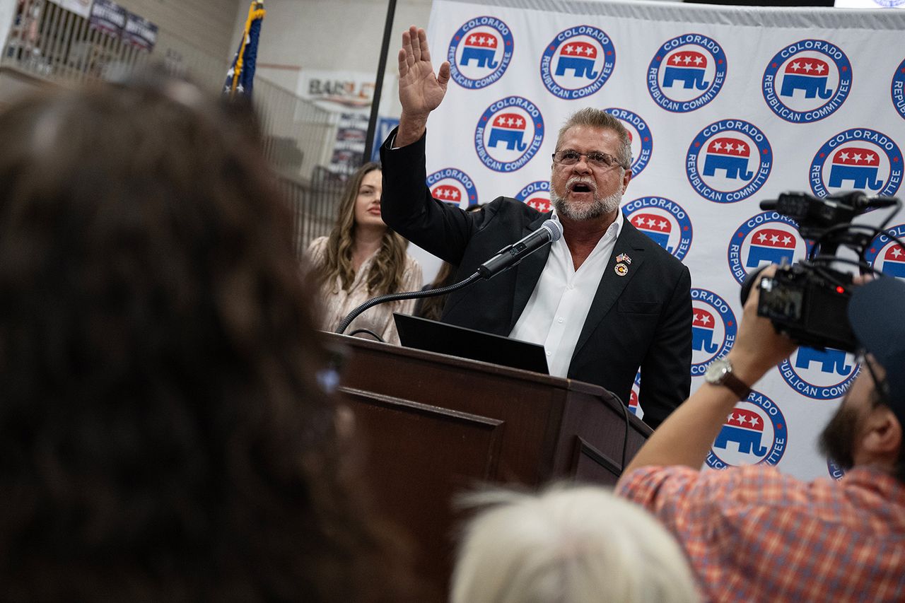 Victor Marx speaks at a campaign event on April 11 in Pueblo, Colo.Credit: Timothy Hurst/MediaNews Group/The Denver Post/Getty