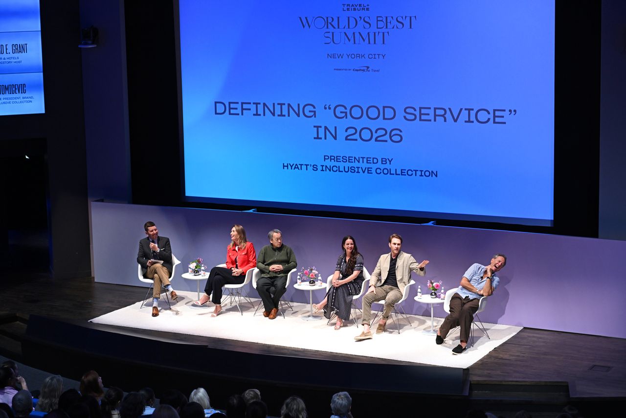 Paul Brady, Ana Tomicevic, Yoshiharu Hoshino, Karen Magee, Jo Bailes and Richard E. Grant speak during Richard E. Grant laughs with panelists at World’s Best Summit.Credit: Noam Galai/Getty
