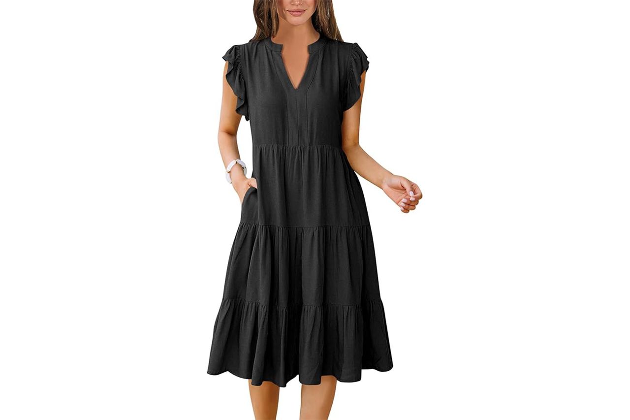 ANRABESS Womens Summer Dress Ruffle Sleeve V Neck Midi Dresses Fashion Casual Fit Flowy Tiered Boho Beach Vacation Sundress Credit: Amazon