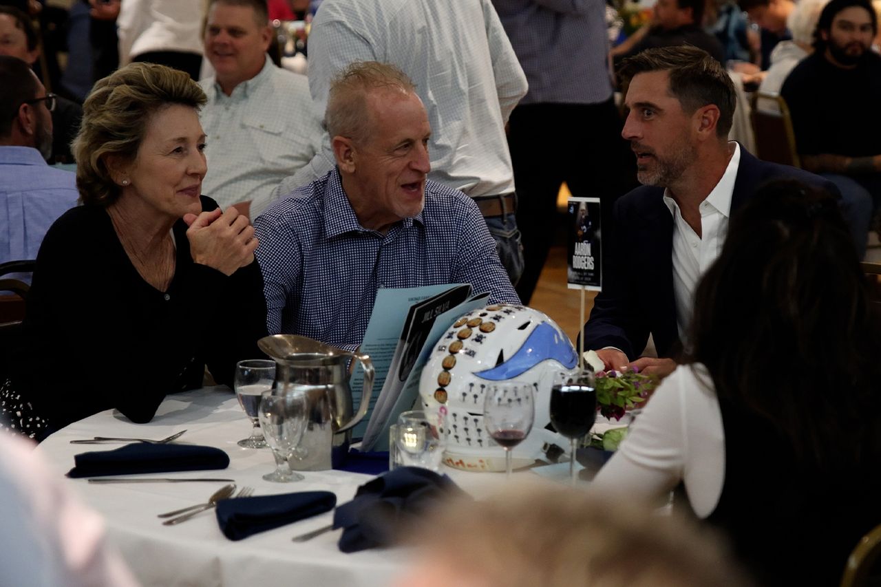 Aaron Rodgers with his mother, Darla Rodgers, and father, Ed Rodgers, in AprilCredit: Wyatt Acker