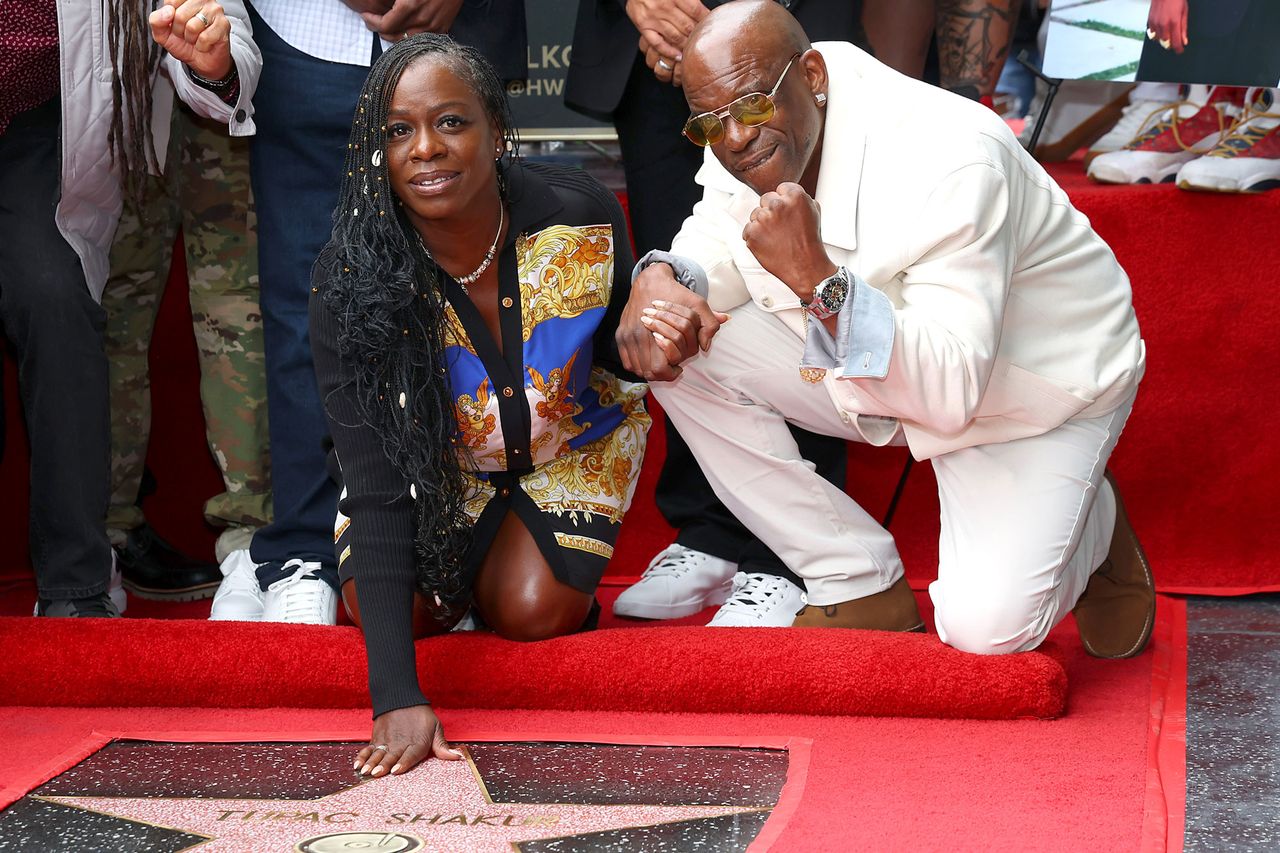 (L-R) Sekyiwa ‘Set’ Shakur and Mopreme Shakur attend the ceremony honoring Tupac Shakur with a posthumous Star on The Hollywood Walk Of Fame on June 07, 2023 in Hollywood, California.Credit: Photo by Leon Bennett/Getty Images
