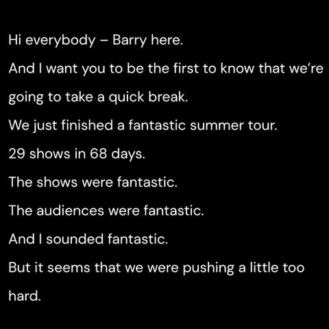 Barry Manilow announces break from touring after canceling shows.Credit: Barry Manilow/Instagram