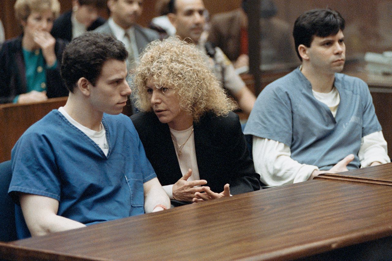 From left: Erik Menendez, Erik Menendez’s attorney Leslie Abramson and Lyle Menendez during the trial of the Menendez brothers in L.A. on March 9, 1994Credit: Ted Soqui/Sygma/Getty