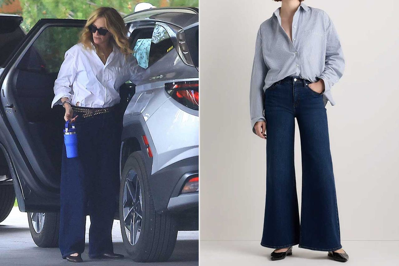 Julia Roberts; Bella Stretch Palazzo Jeans Credit: BACKGRID; Quince