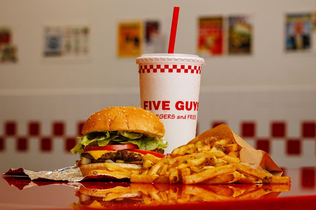 Five Guys Burger, Fries and Drink Five Guys cheeseburger, fries and a fountain drinkCredit: Five Guys
