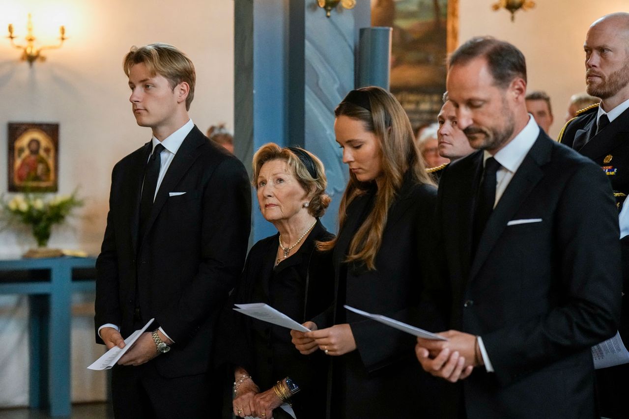 From left: Norway’s Prince Sverre Magnus, Queen Sonja, Crown Princess Ingrid Alexandra and King Haakon attend a memorial service for King Harald at Asker Church in Asker, Norway, on Aug. 30, 2026Credit: Cornelius Poppe / NTB / AFP via Getty