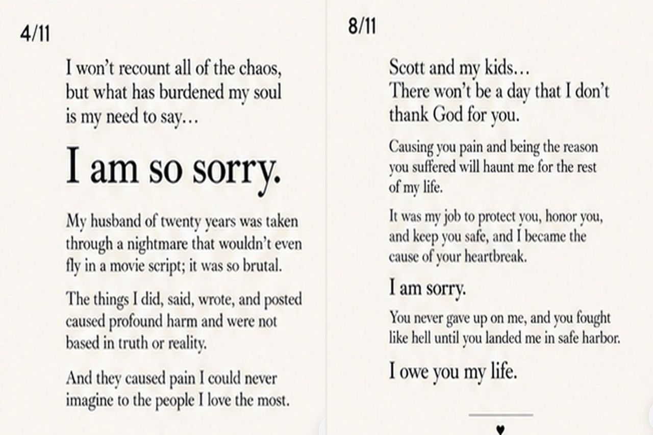Kelley Wolf’s Apology Kelley Wolf’s apology to Scott Wolf, their kids and others that she shared on Aug. 28, 2026Credit: Kelley Wolf/Instagram