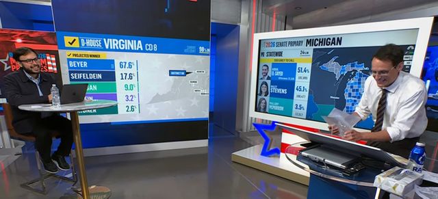 Steve Kornacki knocking over his water onto his computer and monitorCredit: NBC