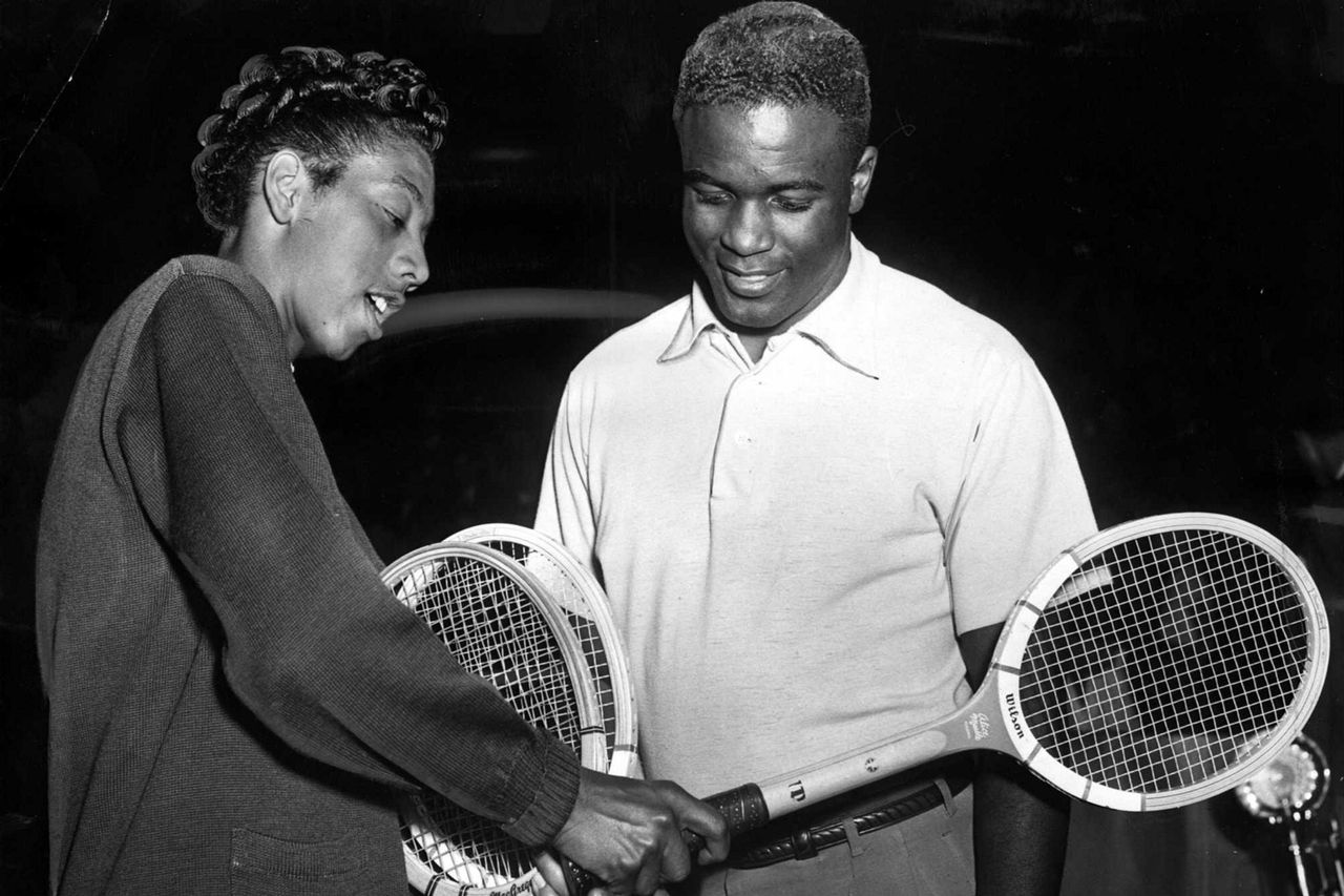 Althea Gibson shows Jackie Robinson her backhand grip on February 16, 1951.Credit: Harvey Weber/Newsday RM via Getty