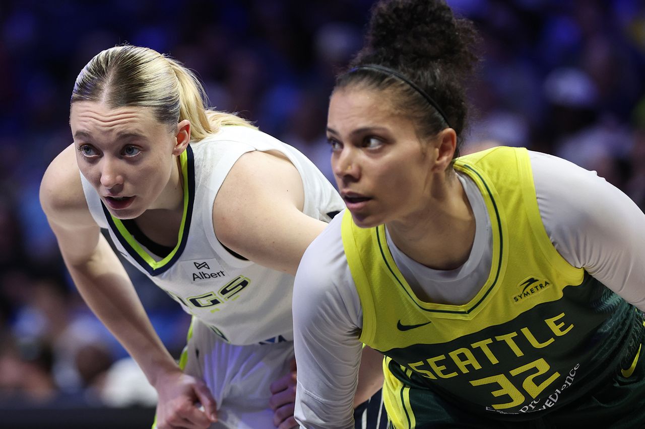 Alysha Clark #32 of the Seattle Storm boxes out Paige Bueckers #5 of the Dallas Wings during the gameon May 19, 2025 at the College Park Center in Arlington, TX. Alysha Clark played against her now-teammate Paige Bueckers last season.Credit: Tim Heitman/NBAE/Getty