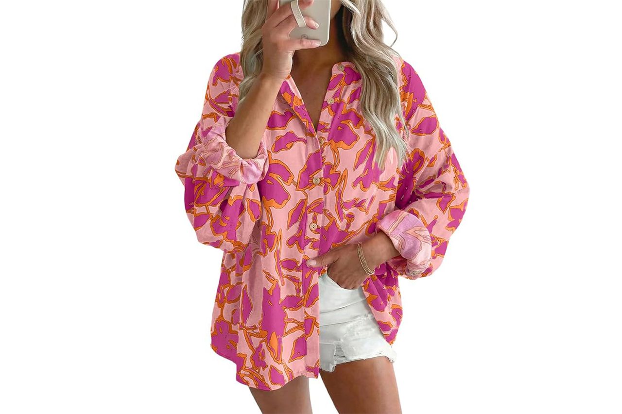 Astylish Womens 2026 Boho Floral Loose Spring Summer Tops Lantern Sleeve Flowy Blouses V Neck Button Down Shirts Credit: Amazon
