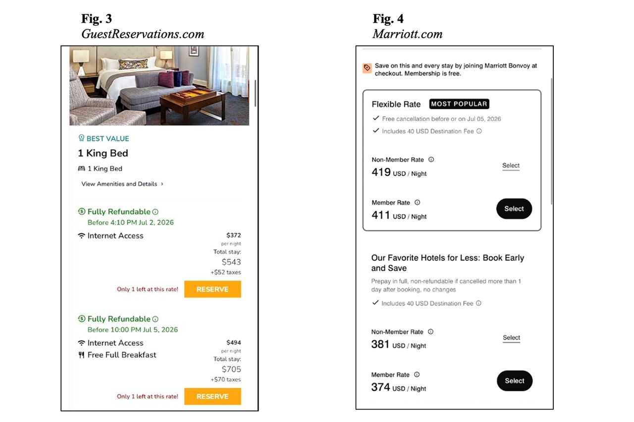 Comparison of booking options from GuestReservations and Marriott with different pricing and benefits displayed Screenshots allegedly show the price differences for San Francisco’s Palace Hotel through GuestReservations.com and Marriott’s own website.Credit: People of the State of California v. BookOnline.com, LLC, et al.