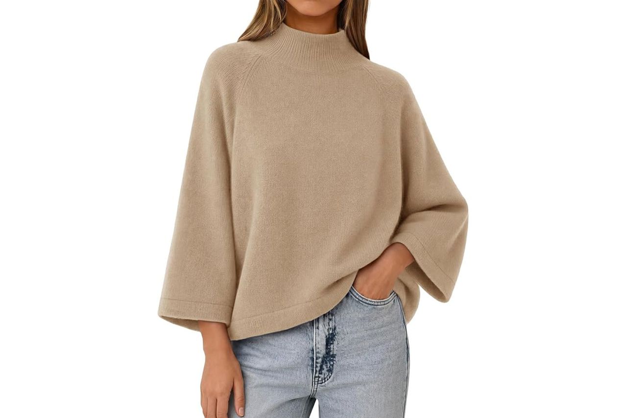 Cicy Bell 3/4 Sleeve Knit Sweater Oversized Mock Neck Credit: Amazon