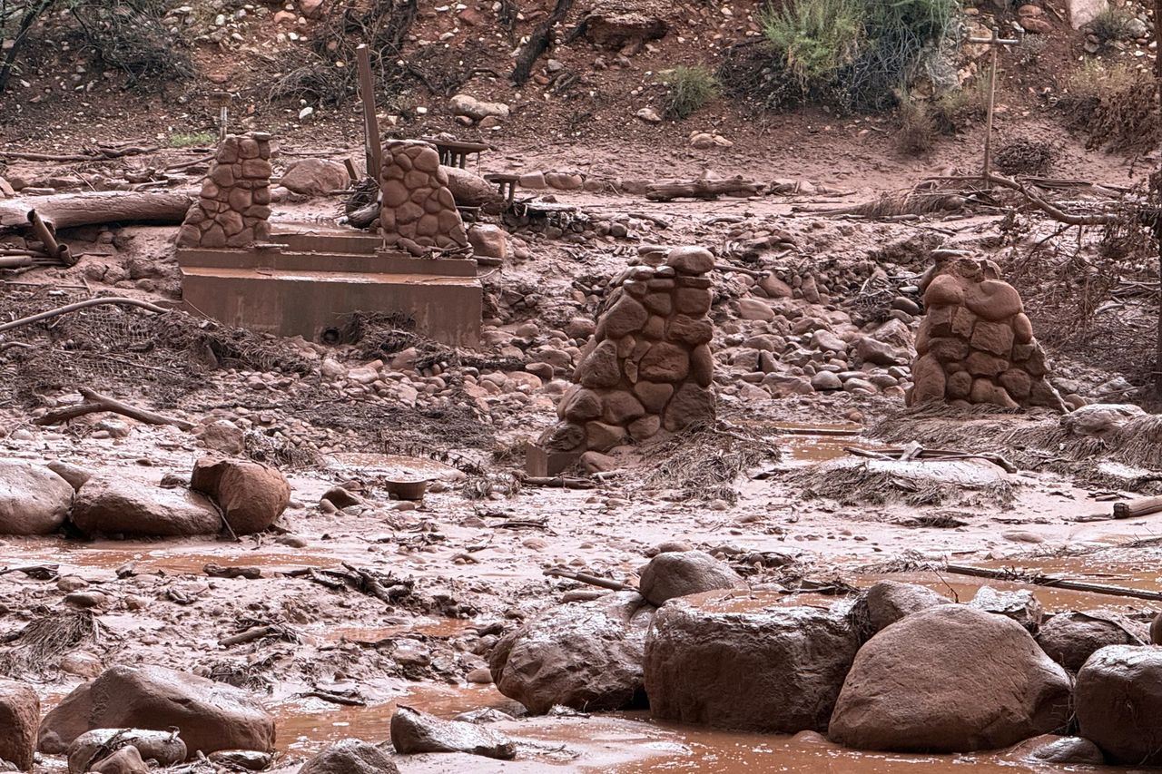 Remnants of stone bridge pylons remain along Bright Angel Creek following a flash flood within the Grand Canyon on Aug. 29.Credit: GrandCanyonNPS/X