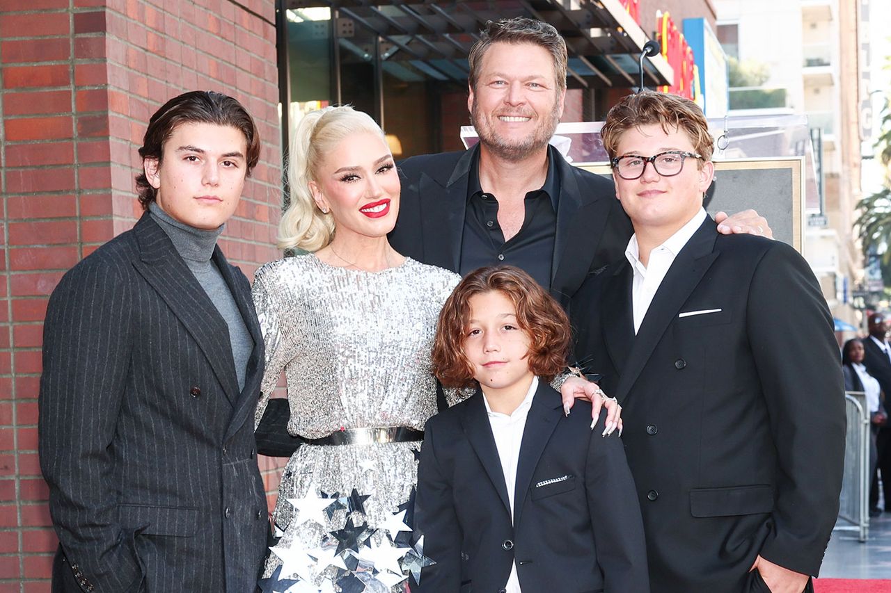 Kingston Rossdale, Gwen Stefani, Apollo Rossdale, Blake Shelton and Zuma Rossdale at the star ceremony where Gwen Stefani is honored with a star on the Hollywood Walk of Fame in Los Angeles, California on October 19, 2023.Credit: Christopher Polk/Getty Images