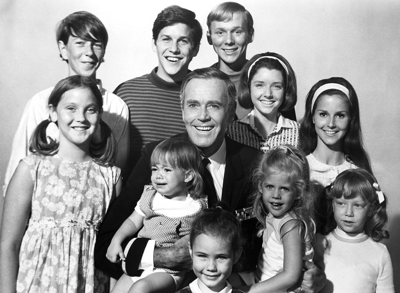 Actor Henry Fonda and actors Tim Matheson, Gil Rogers, Gary Goetzman, Nancy Roth, Morgan Brittany, Holly O’Brien, Michele Tobin, Maralee Foster pose for the movie ‘Yours, Mine and Ours’ in 1968.Credit: Michael Ochs Archives/Getty