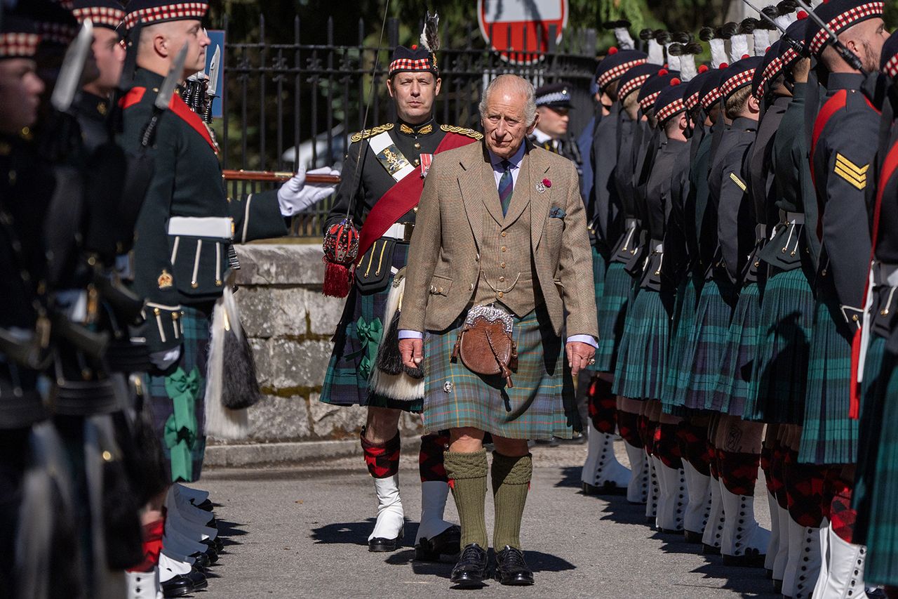 King Charles inspects the Balaklava Company, 5th Battalion, The Royal Regiment of Scotland, at the gates of Balmoral, as he takes up summer residence at the castle on Aug.18, 2026Credit: Jane Barlow/PA Images via Getty