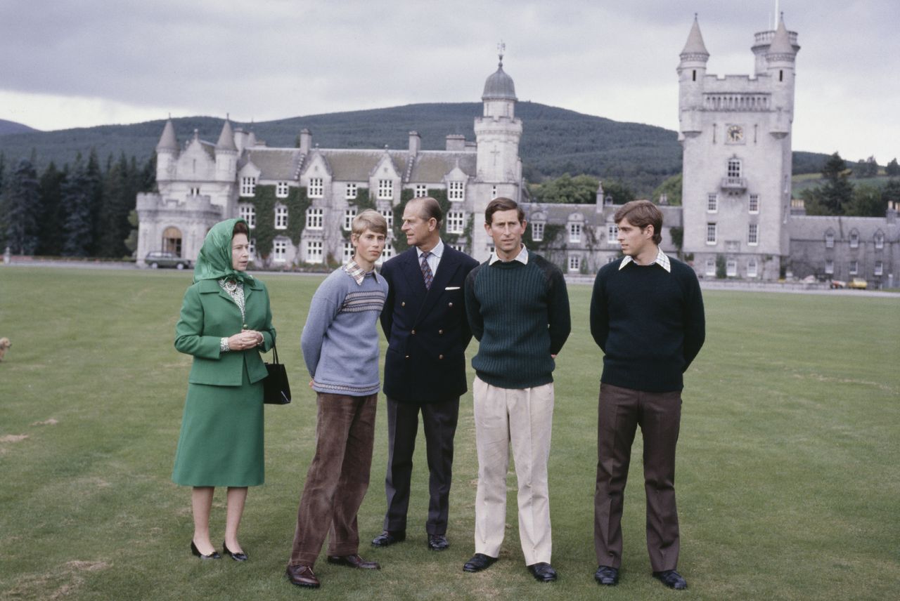 Queen Elizabeth, Prince Edward, Prince Philip, Prince Charles and Prince Andrew on the grounds of Balmoral Castle in Scotland on Sept. 20, 1979Credit: Keystone/Hulton Archive/Getty