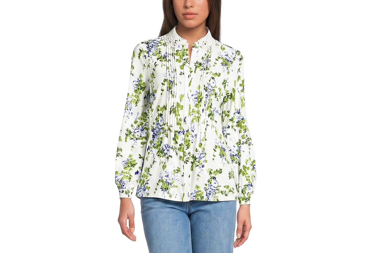 Lands' End Women's Long Sleeve Lightweight Jersey Button Front Trim Collar Pintuck Blouse Credit: Lands' End
