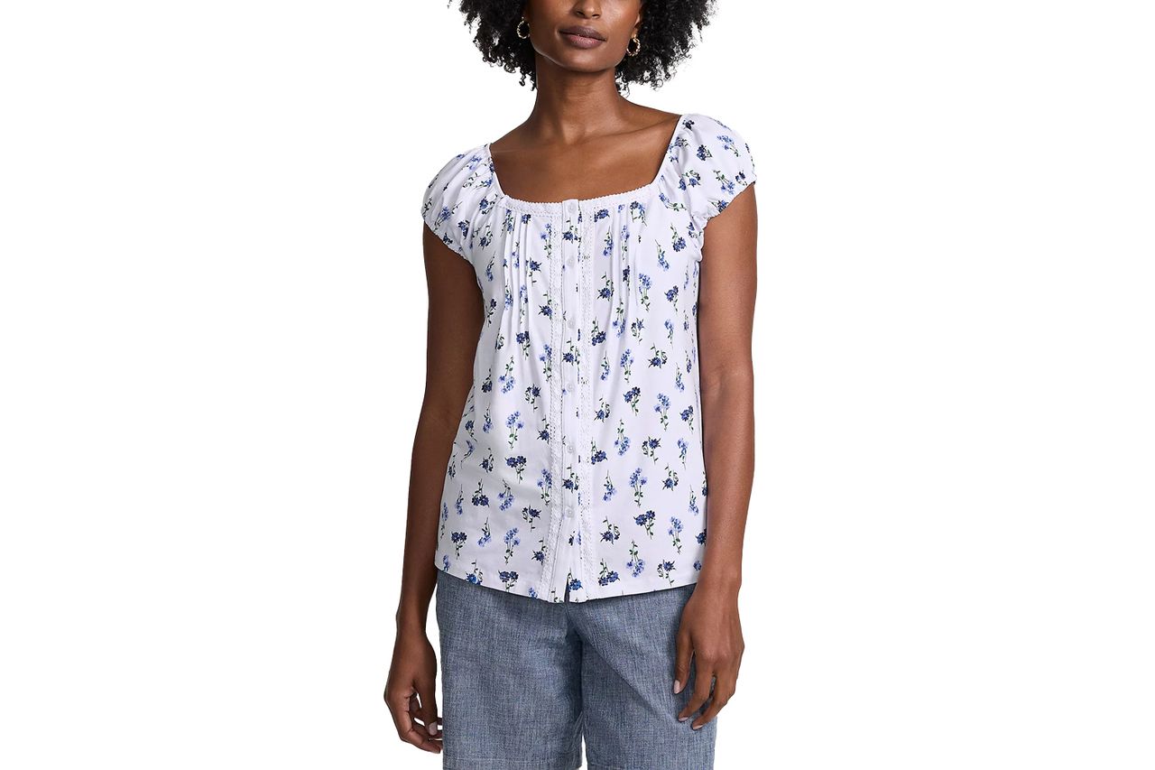 Lands' End Women's Sleeveless Lightweight Jersey Pintuck Button Front Blouse Credit: Lands' End