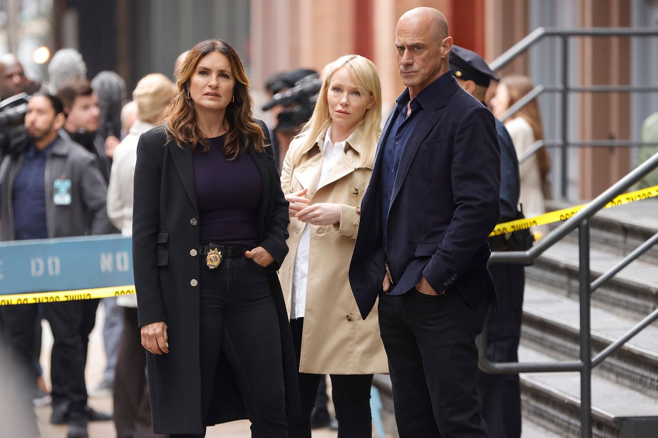 Mariska Hargitay as Captain Olivia Benson, Kelli Giddish as Detective Amanda Rollins, Christopher Meloni as Detective Elliot Stabler in ‘Law & Order: Organized Crime’Credit: Will Hart/NBC/Getty