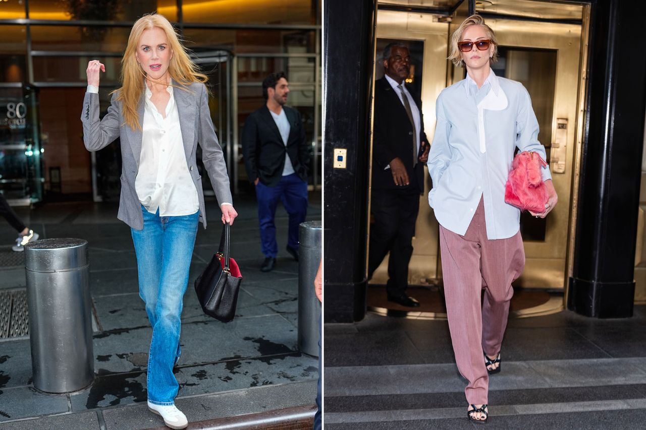 Nicole Kidman Charlize Theron wearing buttonup shirts and walking outdoors Credit: XNY/Star Max/GC Images; TheStewartofNY/GC Images