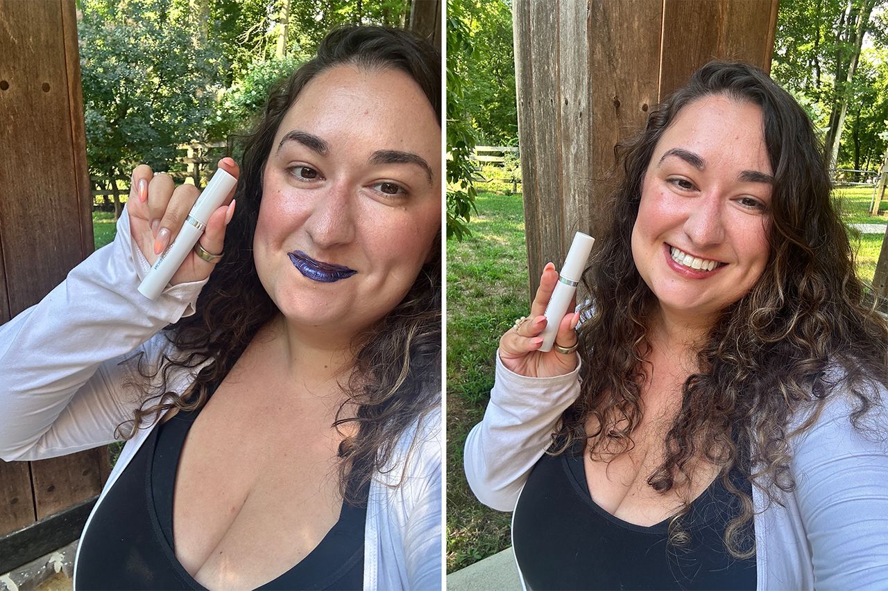 A person demonstrating a lip tint product in two sidebyside photos holding the product up with different lip colors applied Credit: People