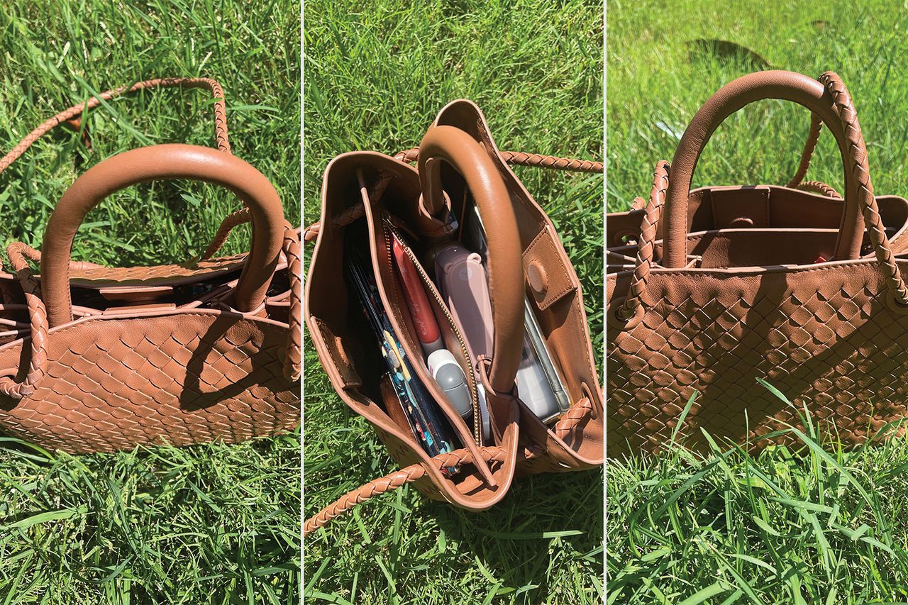 A small textured handbag photographed on grass shown from front top and back views with contents visible from overhead Credit: People