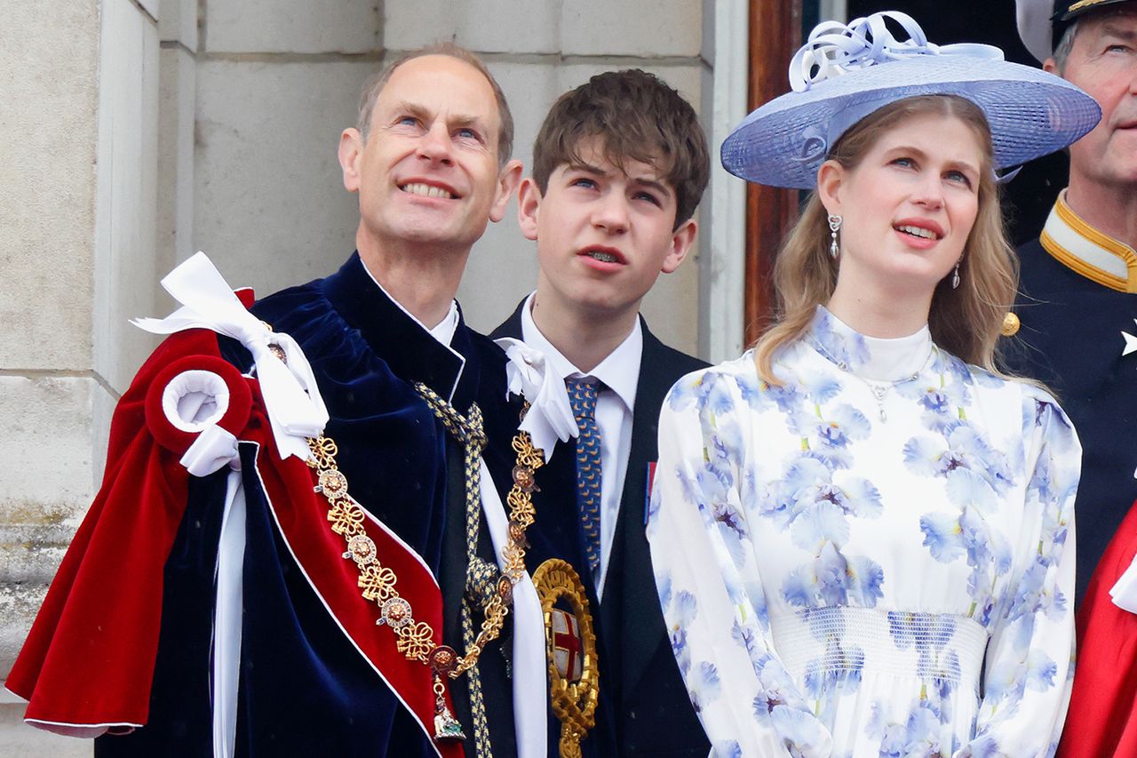 Prince Edward, James, Earl of Wessex, and Lady Louise Windsor watch the RAF flypast following the coronation of King Charles III & Queen Camilla at Westminster Abbey on May 6, 2023Credit: Max Mumby/Indigo/Getty