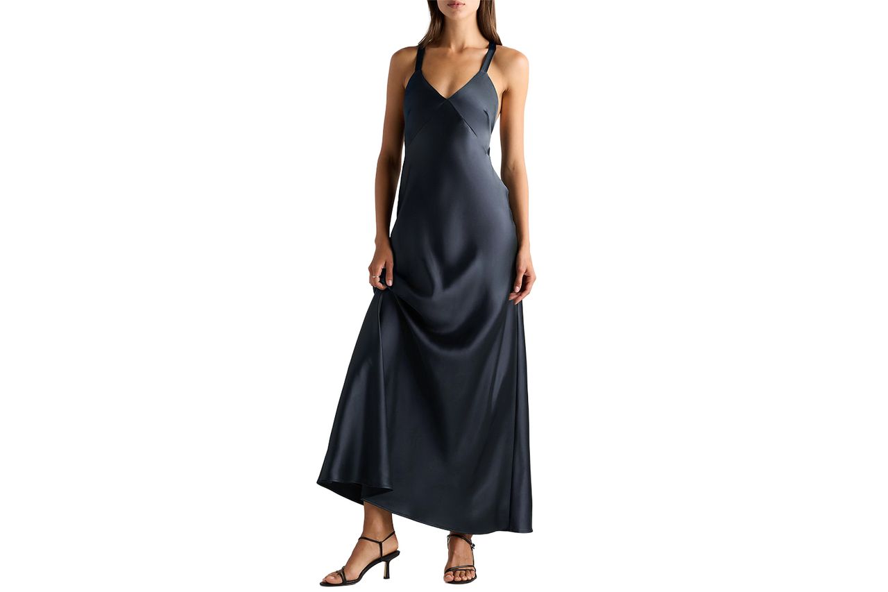 Bianca Stretch Satin Dress Navy Credit: Quince