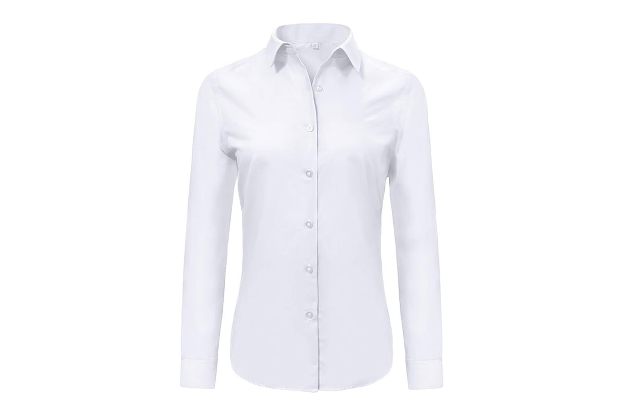 Ruisin Super Soft Wrinkle Free Button Down Shirts for Women Solid Long Sleeve Striped Formal Work Dress Blouses Tops Credit: Amazon
