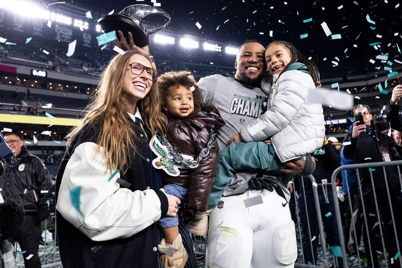 Saquon Barkley celebrates after the game against the Washington Commanders on January 26, 2025 in Philadelphia, Pennsylvania.Credit: Lauren Leigh Bacho/Getty