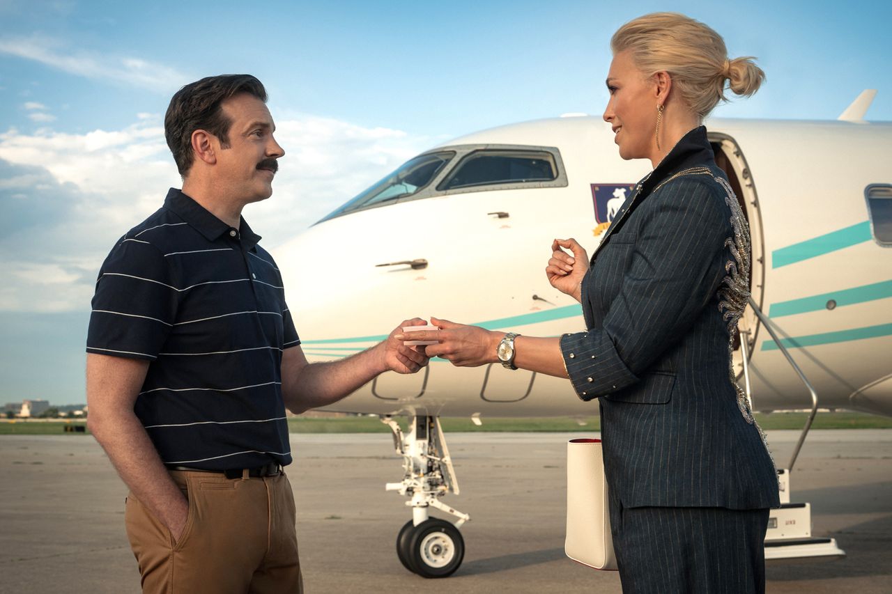 Jason Sudeikis and Hannah Waddingham as Ted Lasso and Rebecca Welton in ‘Ted Lasso.’Credit: Apple TV