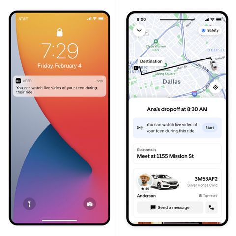 Uber Livestream Video Option To Monitor Teen Riders Parent’s view of the Uber app for a teen accountCredit: Uber