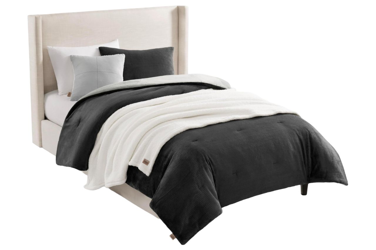 UGG Remina Twin Comforter Set, Dorm Bed in a Bag, 4-Piece, Charcoal Grey | Fits Twin & Twin XL Beds, Bed in a Bag Includes 1 Blanket, 1 Sham, 1 Pillow & 1 Reversible Comforter, Soft & Cozy, Washable Credit: Amazon