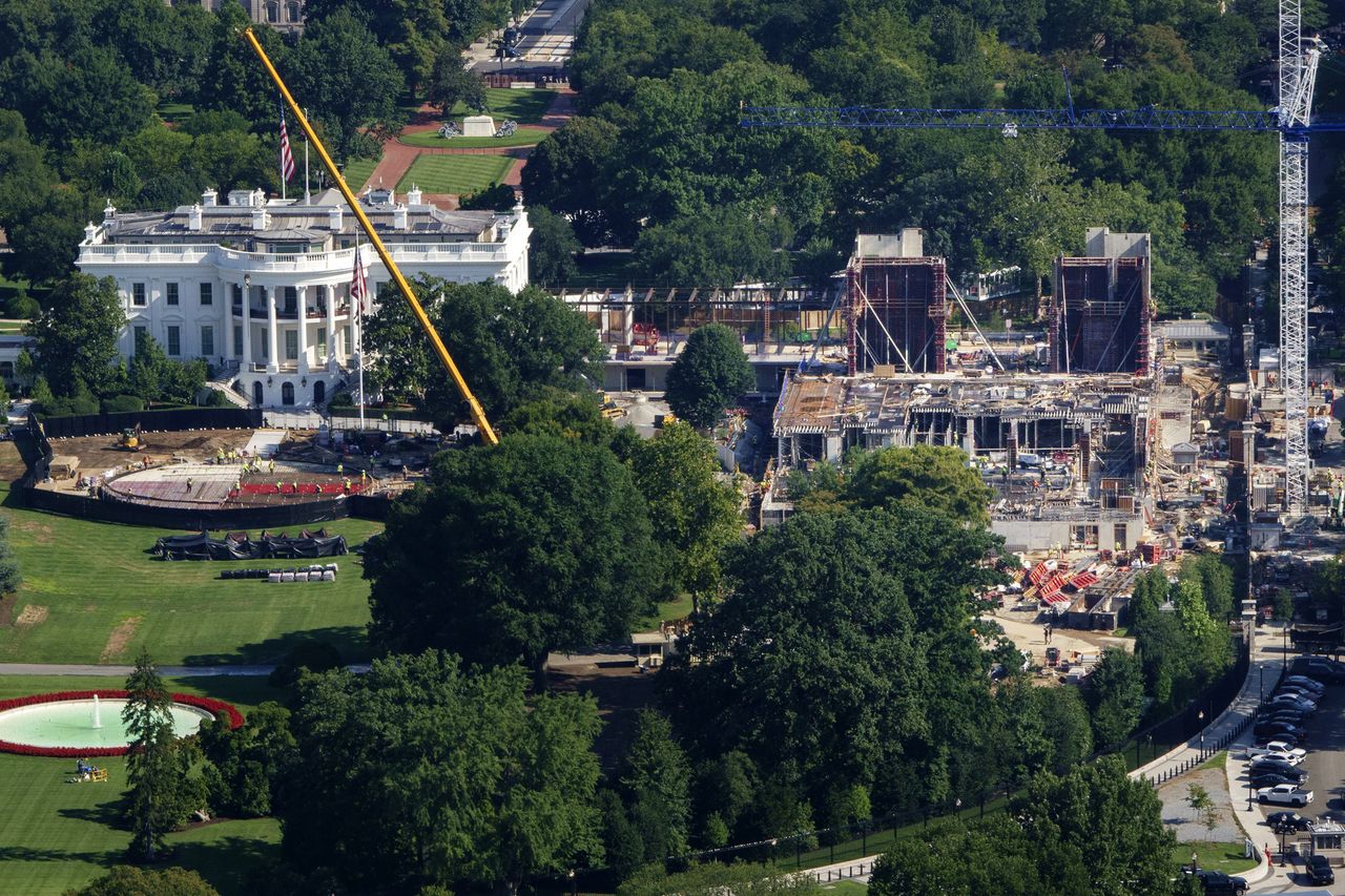 Construction continues on a new helipad on the South Lawn of the White House and the East Wing ballroom on Aug. 6Credit: Kevin Carter/Getty