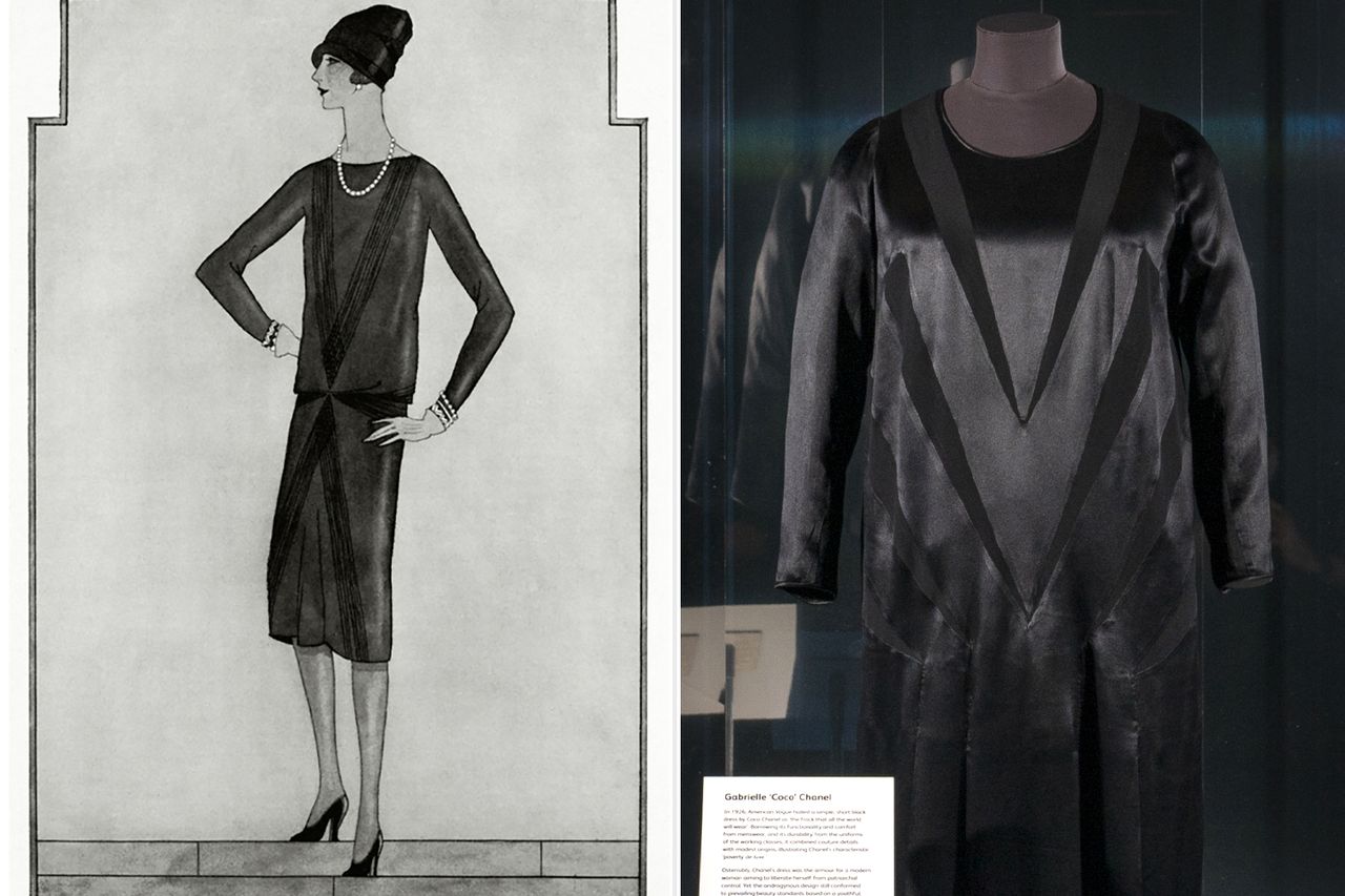“Little black dress” illustration; dress on display at the National Museum of Scotland.Credit: Condé Nast via Getty; Jane Barlow/PA Images via Getty