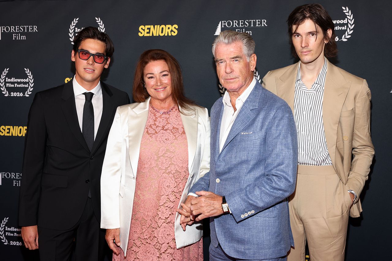 Paris Brosnan, Keely Shaye Smith, Pierce Brosnan and Dylan Brosnan.Credit: Victoria Sirakova/Getty