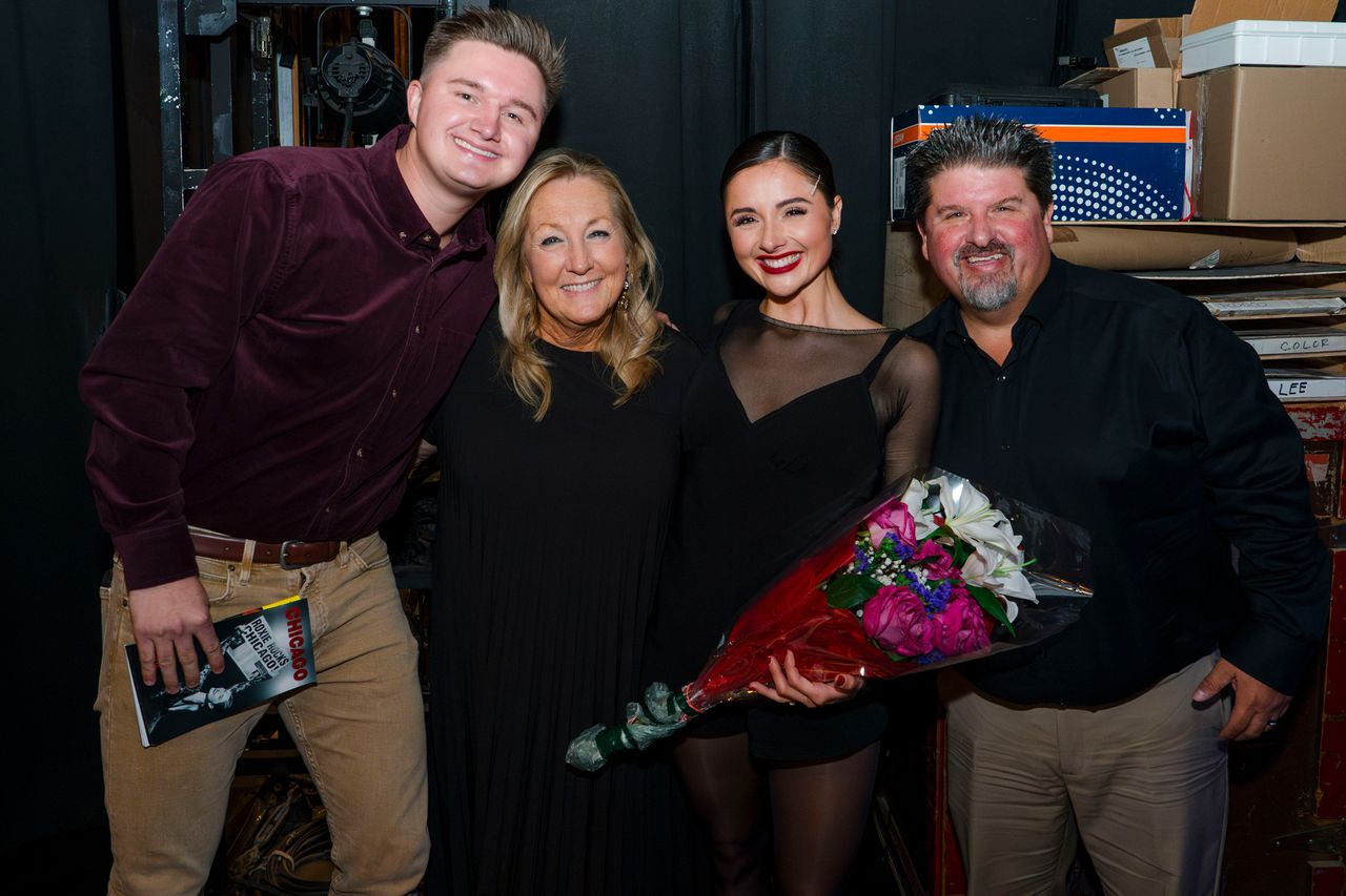 Reese Weaver poses with her husband Will Allman and her parents, Susan and Larry Weaver, after her first performance in Broadway’s ‘Chicago’ on Monday, Sept. 7, 2026Credit: Avery Brunkus