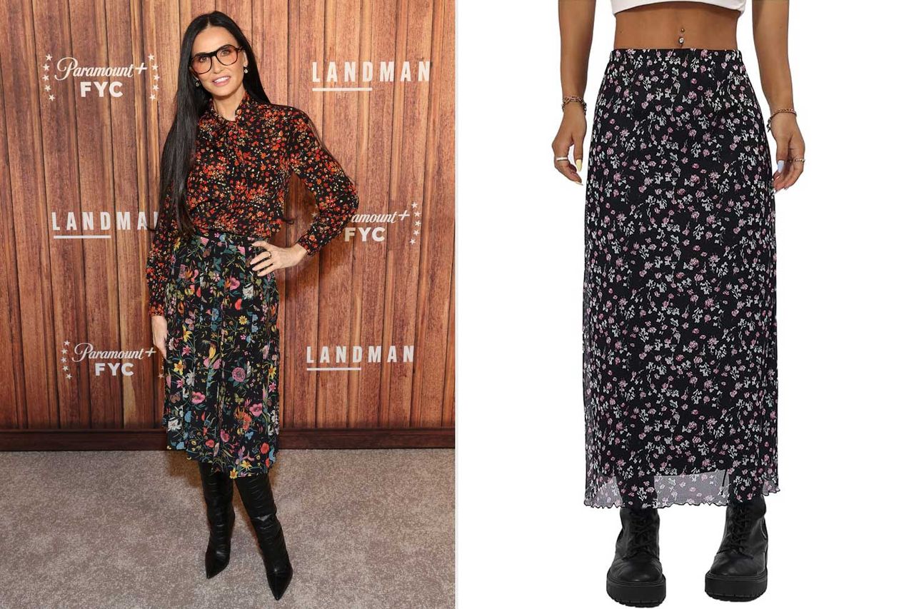 Demi Moore; Avanova Women's Ditsy Floral High Waisted Skirts Lettuce Trim Summer Fall Boho Midi Skirt Credit: Leon Bennett/Getty; Amazon