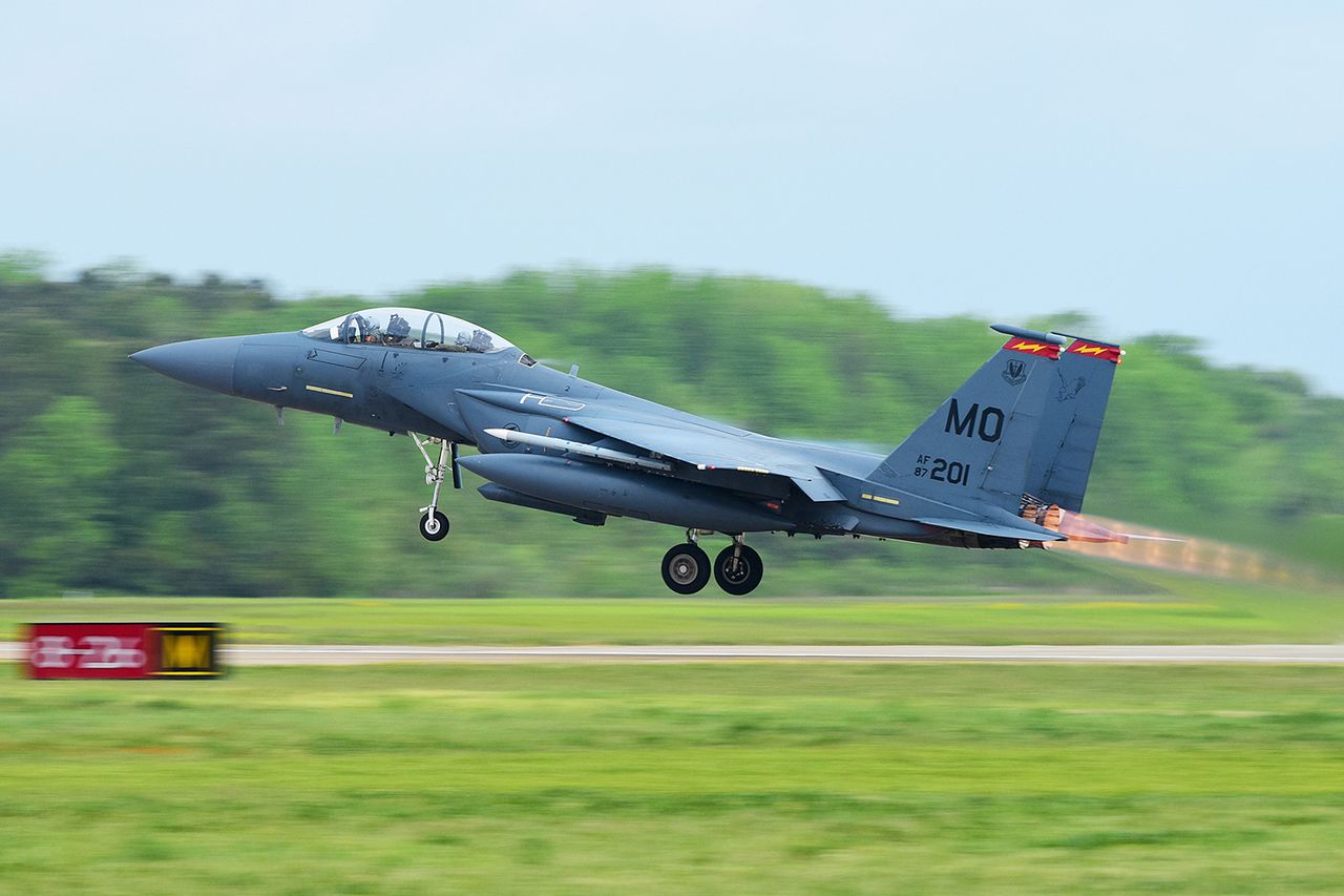 A F-15E Strike Eagle takes off from Joint Base Langley-Eustis, Va. on April 20, 2017Credit: Hum Images/Universal Images Group via Getty