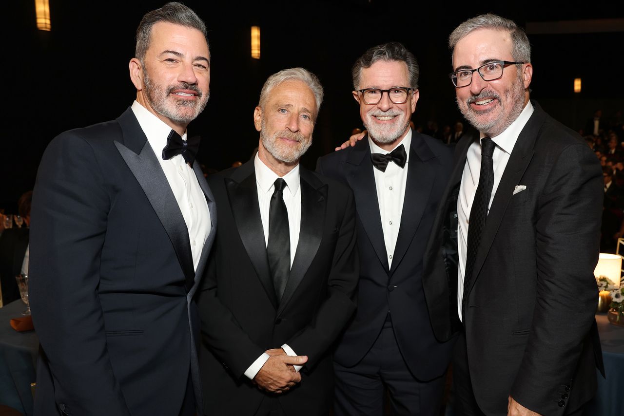 Jimmy Kimmel, Jon Stewart, Stephen Colbert and John Oliver attend the 78th Primetime Emmy Jimmy Kimmel, Jon Stewart, Stephen Colbert and John OliverCredit: Todd Williamson/NBC via Getty