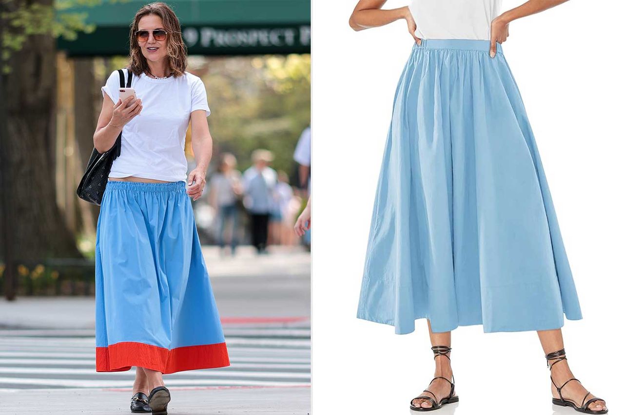 Katie Holmes; A-Line Midi Skirts Casual Elastic High Waist Flowy Swing Pleated Beach Boho Long Skirt with Pocket Credit: TheImageDirect; Amazon